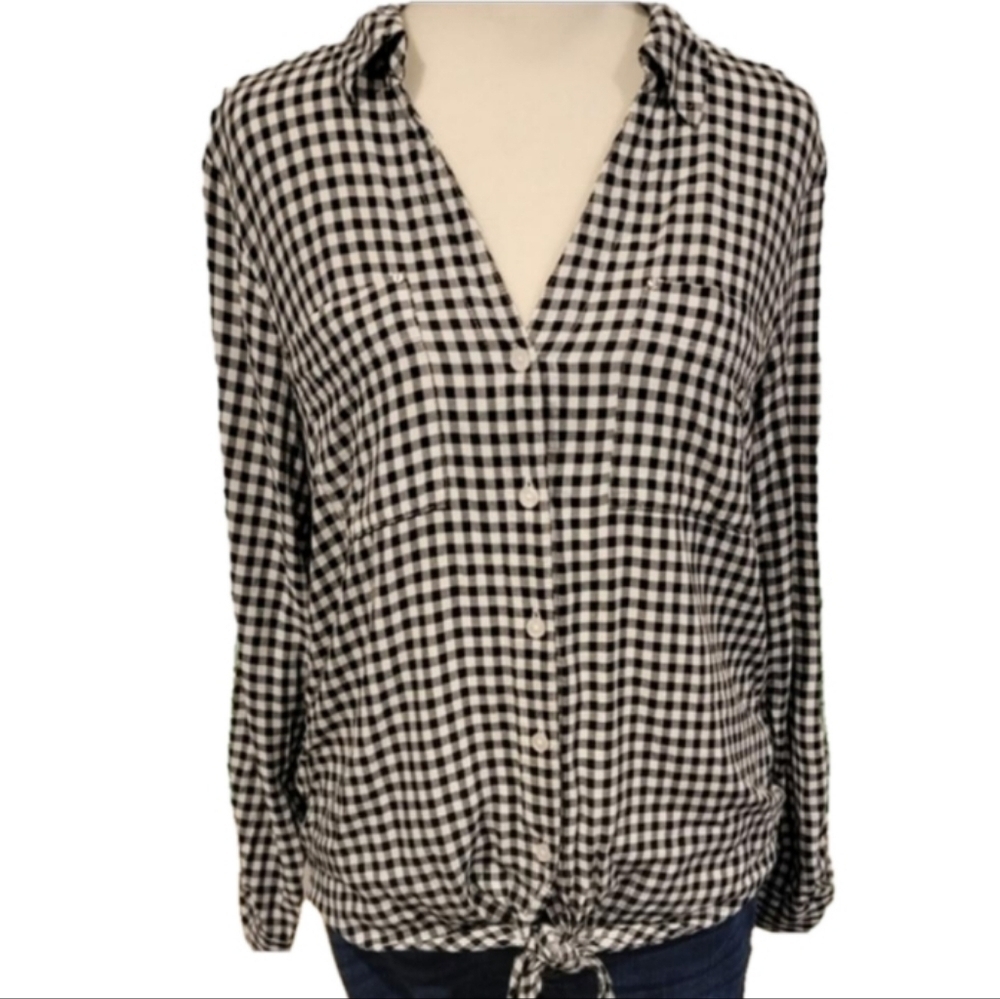 Jones New York checker print button down top with front tie size S
